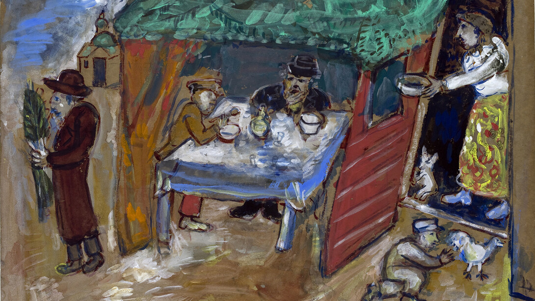 Marc Chagall, The Feast of the Tabernacles (Sukkot), c. 1916, Gouache and watercolour on paper, 52,2 x 66,5 cm, Gift from Arnold e Dorothy Neustadter, Palm Beach, to the American Friends of the Israel Museum, © Chagall ® by SIAE 2015