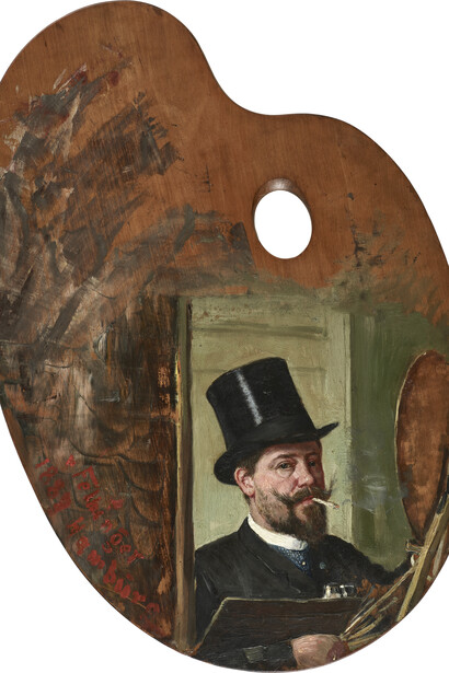 Franz Ritter Von Felbinger, Self-portrait on artist palette (detail), 1887. Courtesy of Leighton House