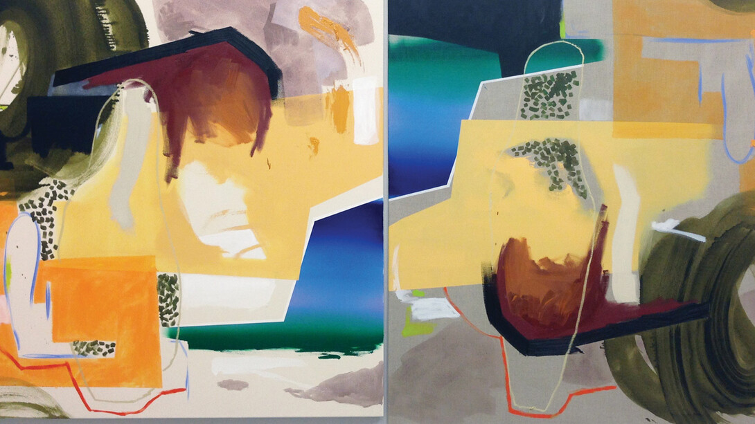Trevor Kiernander, ?XYZ?, 2017, oil, acrylic, chalk pastel, and oil pastel on canvas, 155 x 290 cm (61 x 114 in) (diptych)