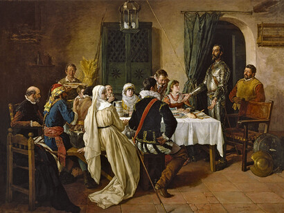 Manuel García «Hispaleto». Don Quijote preside la comida en una venta, junto a la supuesta princesa Micomicona. Siglo XIX. Óleo. Senado, Madrid.