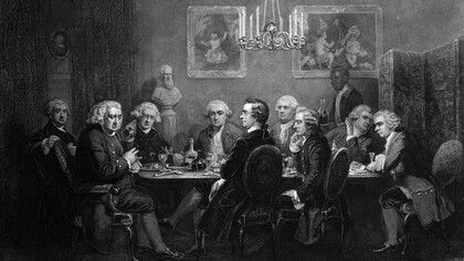 Una fiesta literaria en casa de Sir Joshua Reynolds (Edmund Burke aparece en la cuarta posición de izquierda a derecha)