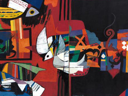 Dia Azzawi, 'Red Sky with Birds', 1981, Oil on canvas, 120 x 200 cm. Mathaf: Arab Museum of Modern Art Collection, Doha.