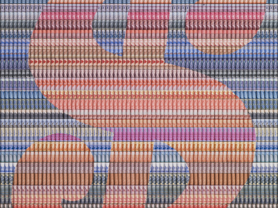 Santiago Montoya, New Dollar Sign, 2013, Paper money on stainless steel, 200 x 155 cm
