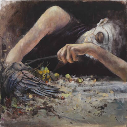 Jonas Burgert, Flüster, 2014. Oil on canvas, 50 x 60 cm / (19¾ x 23⅝ in). © Jonas Burgert - Image Courtesy of the Artist and Blain|Southern
Photographer: Gunter Lepkowski, 2014