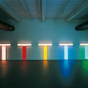 Installation view, Dan Flavin, untitled (to Don Judd, colorist) 1-5, 1987, MASS MoCA; courtesy of David Zwirner, New York London