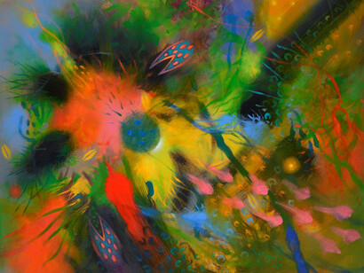Carlos Jacanamijoy, Semillas innombradas, óleo sobre lienzo, 75.5 x 103 cm, 2014