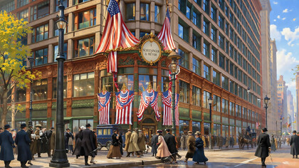 Exterior view of the Carson Pirie Scott & Co. department store building, located at the southeast corner of South State and East Madison Streets in Chicago’s Loop, decorated with bunting and flags in celebration of Abraham Lincoln’s 100th birthday (1909)