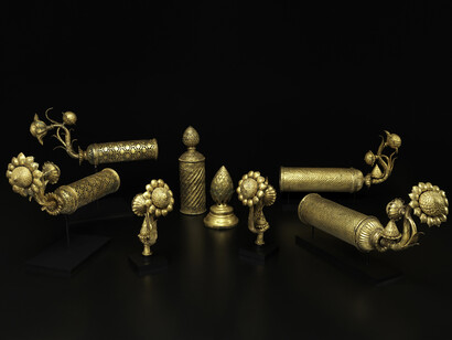 Palanquin Finials, Golconda, ca. 1650 – 80, Cast, pierced, chased, and gilt copper, and brass, dimensions variable, Collections of The Metropolitan Museum of Art, New York, Purchase, Friends of Islamic Art Gifts, 1995 (1995.258a, b); Private collections, New York; Collection of Terence McInerney; Collection of Patricia Phelps de Cisneros