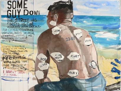 © Jack Balas; "Some Guy’s Decals (#2367)," 2022; India ink and acrylic on paper; 22 x 30 inches. Courtesy of CLAMP