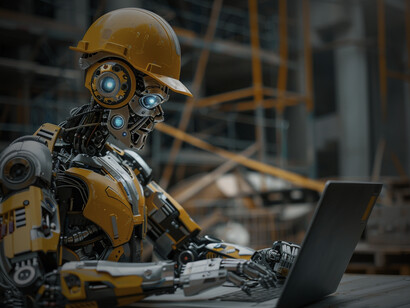 Futuristic construction site featuring an advanced robotic worker
