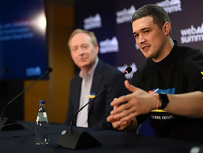 3 November 2022; Brad Smith, Vice Chair and President, Microsoft and Mykhailo Fedorov, Government of Ukraine, at a Press Conference during day two of Web Summit 2022 at the Altice Arena in Lisbon, Portugal