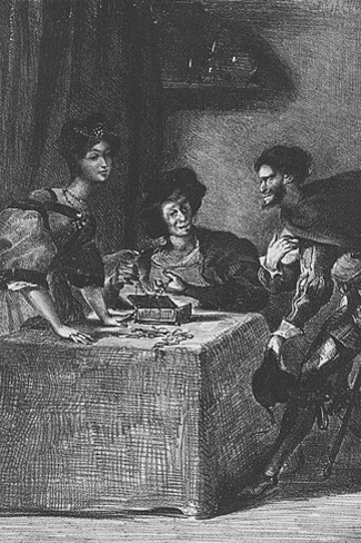 In Mephistopheles Presents Himself to Martha, Eugène Delacroix captures a dramatic moment from Goethe's Faust. The painting portrays Mephistopheles, the cunning and mysterious figure, as he introduces himself to Martha, a character in the play