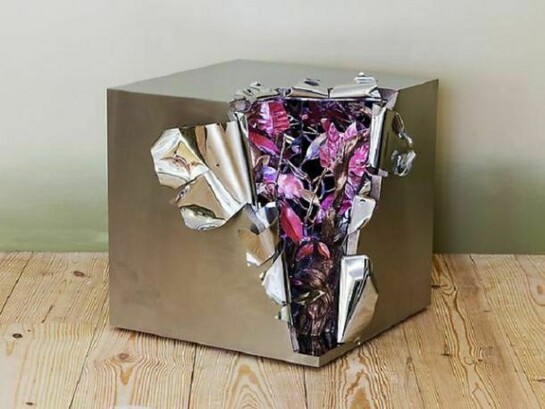 Maria Pergay, Secret Cube, 2013, Stainless steel, bronze with copper leaves, 20.63 H x 21.75 x 20.88 inches, 52.4 H x 55.2 x 53 cm, Edition of 8