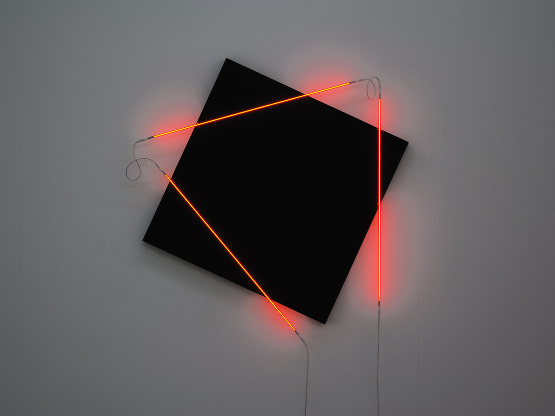 François Morellet, Néons 3D  15°-90°-50°, 2015, acrylic on canvas on wood, 3 white neon tubes, high voltage cable and transformer; 143 x 133 cm / (56¼ x 52⅜ in). Edition 2 of 3 © the artist, image Courtesy of François Morellet and Blain|Southern, Photo: Atelier Morellet 
