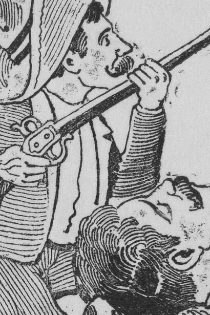 Detalle de "Revolucionario sosteniendo un rifle y arrodillándose para proteger a un revolucionario caído", de José Guadalupe Posada