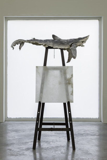 Dorothy Cross, Buoy, 2014, blue shark skin, white gold leaf, antique easel, Italian alabaster, 180 x 130 x 80 cm, 70.9 x 51.2 x 31.5 in, courtesy of the artist and Kerlin Gallery, Dublin