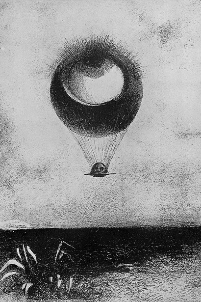 Odilon Redon, « L’Œil, comme un ballon bizarre, se dirige vers l’Infini », planche n° 1, extrait de À Edgar Poe, 1882, Lithographie, 43,8 x 31,1 cm. Los Angeles County Museum of Art, Los Angeles
