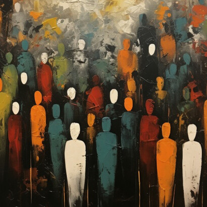 Abstract digital art of a faceless crowd, a symbolic representation of lost identity and collective anonymity