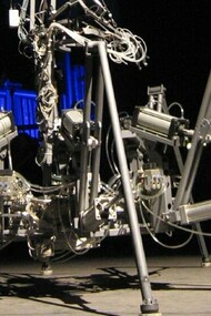 O exoesqueleto de seis pernas de Stelarc. Ao longo de sua carreira, Stelarc realizou mais de 30 performances, sempre explorando a plasticidade do corpo e o hibridismo com a tecnologia. Uma das mais conhecidas é o “Terceiro Braço Robótico”, uma prótese mecânica que se integrava ao seu sistema muscular e se movia através de comandos elétricos, transformando sua anatomia em uma plataforma expandida. Em outras performances, suspendeu seu próprio corpo por ganchos perfurados na pele, numa alusão aos rituais de suspensão corporal, mas também como metáfora extrema para a resistência física e a redefinição dos limites do corpo humano. Talvez uma das imagens mais impactantes de sua trajetória seja a do exoesqueleto de seis pernas, uma enorme máquina que ele controlava para se locomover, assumindo a forma de uma criatura híbrida entre humano e aranha