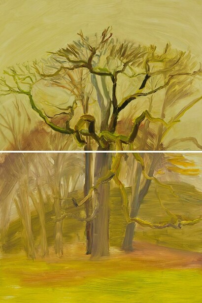 Michelle Dovey, Grandfather Oak Mist 2013, oil on canvas (diptych), overall: 60 x 40 in/152.4 x 101.6 cm