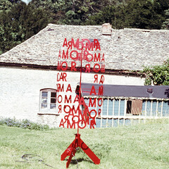 Ken Cox, Amor (1966) in front of Kingscote studio, detail, part of Three Graces (1966-68), steel brass and copper, c.Ken Cox Estate