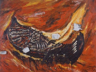 Enzo Cucchi, La deriva del vaso, 1984–85
olio su tela, elementi in gesso. 280 x 320 cm
Fondazione per l’Arte Moderna e Contemporanea CRT, in comodato presso Castello di Rivoli Museo d’Arte Contemporanea, Rivoli-Torino, Italia