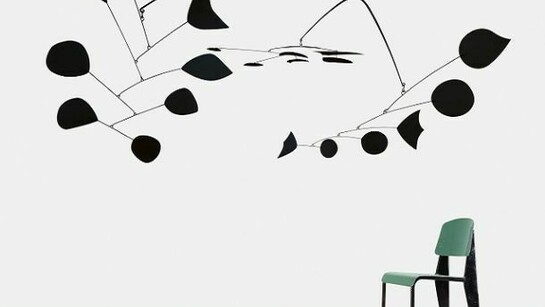 Alexander Calder, Rouge Triomphant (Triumphant Red), 1959–65, Sheet metal, rod, and paint, 110 x 230 x 180 inches, © 2013 Calder Foundation, New York/Artists Right Society (ARS), New York / Jean Prouve, Chaise Metropole n° 305, variante avec assise et dossier aluminium, 1953, Steel sheet, steel tube, plywood, 30 11/16 x 15 3/4 x 16 1/8 inches, Courtesy Galerie Patrick Seguin