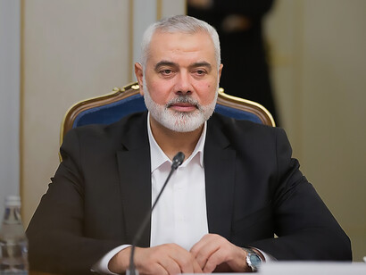 Ismail Abdel Salam Ahmed Haniyeh, a senior political leader of Hamas, at a meeting in Moscow with Konstantin Kosachev