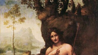 Fragmento de "Baco (o San Juan Bautista)", cuadro pintado hacia 1510-1515: los expertos dudan acerca de quién es la figura representada (¿Baco o Juan Bautista?) e incluso su autoría (el fondo del cuadro no parece propio de Leonardo)