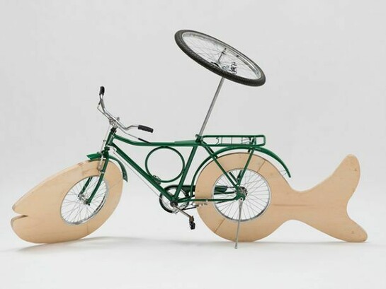 Marepe, Peixe Com Auréola, 2012, Bicycle and ply wood, 42 1/4 x 102 x 24 7/8 inches, (107.3 x 259.1 x 63.2 cm)