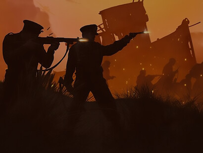 A scene depicting the harsh reality of war and conflict, featuring soldiers engaged in intense combat on a tumultuous battlefield