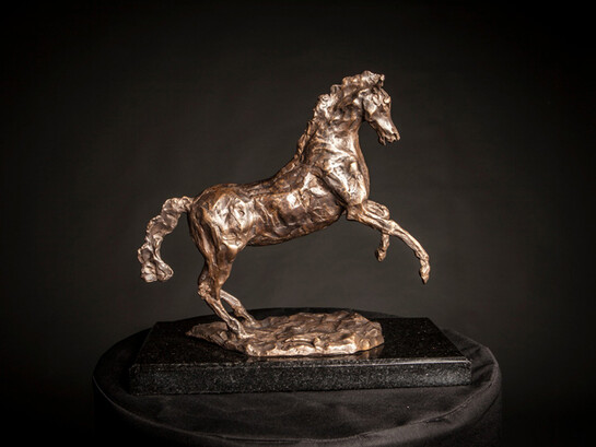 Mim Scala, Scala Prancing Horse II, 2014, Bronze on black Kilkenny marble base, 13 x 13 x 7 in / 33 x 33 x 17 cm, Edition of 10, courtesy of Eleven, London
