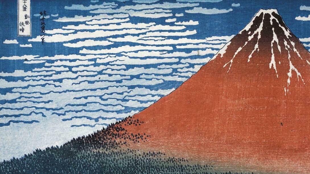 Clear day with a southern breeze (‘Red Fuji’) from Thirty-six Views of Mt Fuji. Colour woodblock, 1831. © The Trustees of the British Museum. On display from 25 May - 13 August.supported by Mitsubishi Corporation