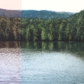 "Grand lac avec modulation rouge," Benoît Trimborn, Oil on canvas, 59" x 94½" (150 x 240cm) 