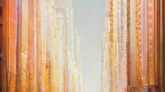 Mark Innerst, Horizontal Gold Cityscape, 2014, Oil on panel in the artist's handmade frame, 16 x 20 inches (panel); 22 3/4 x 26 3/4 inches (frame)