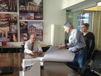 Mario in his office, Apex Engineering, New York