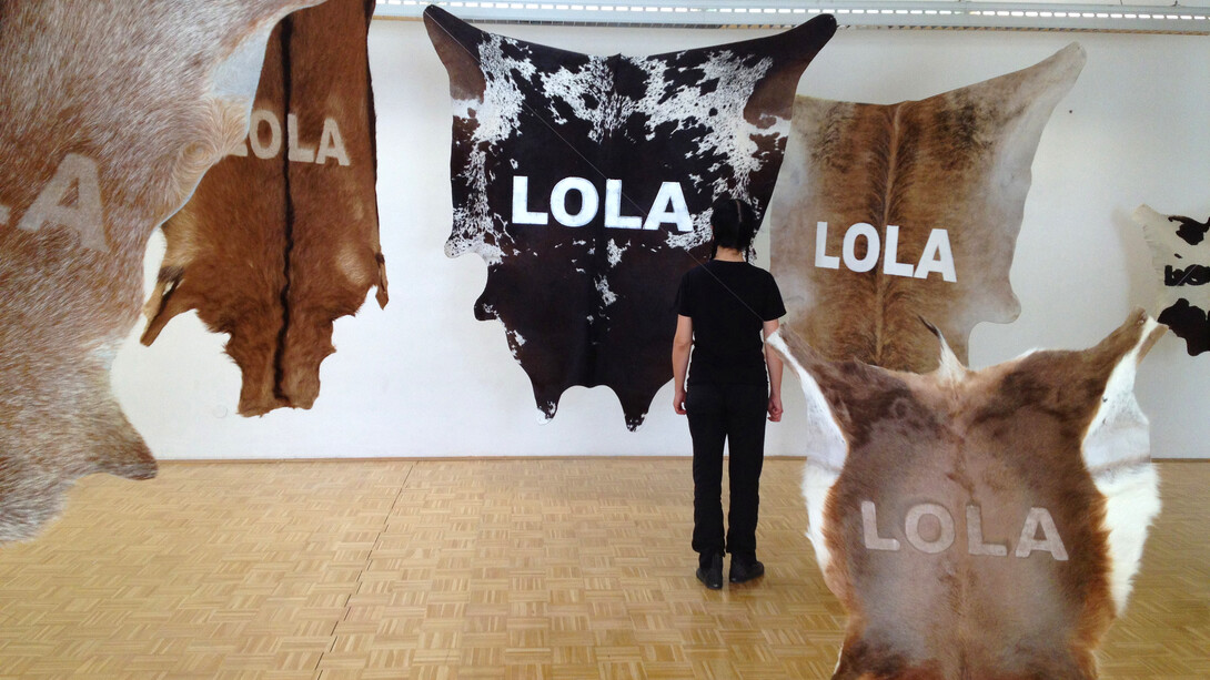 Stefano Cagol, The Cow Lola, 2010. Installazione site-specific, 6 pellami di diversi animali rasati e dipinti, dimensioni ambientali. Collezione privata Innsbruck