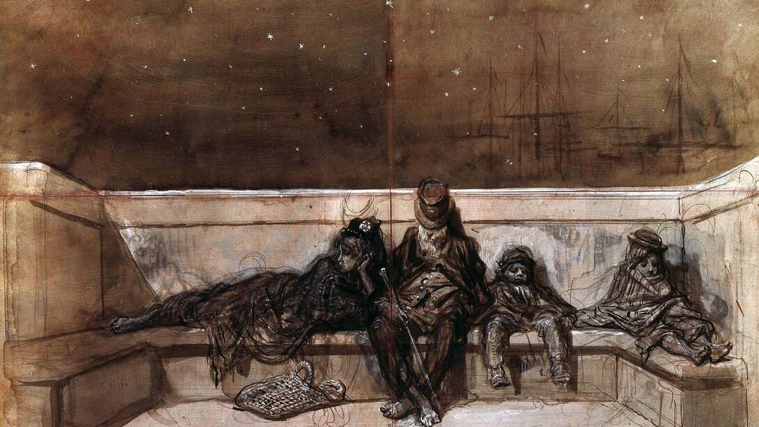 "Pareja y dos niños durmiendo en el puente de Londres", Gustave Doré, 1871