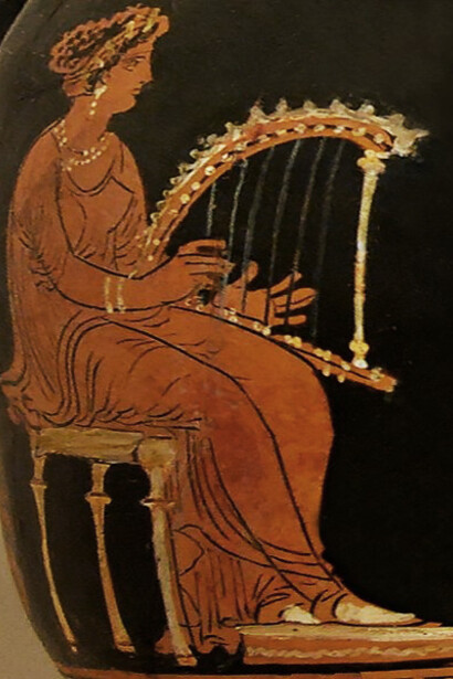 A woman holding a harp depicted on an Apulian red-figured pelike, circa 320–310 BC, from Anzi, showcasing the Greeks in Southern Italy