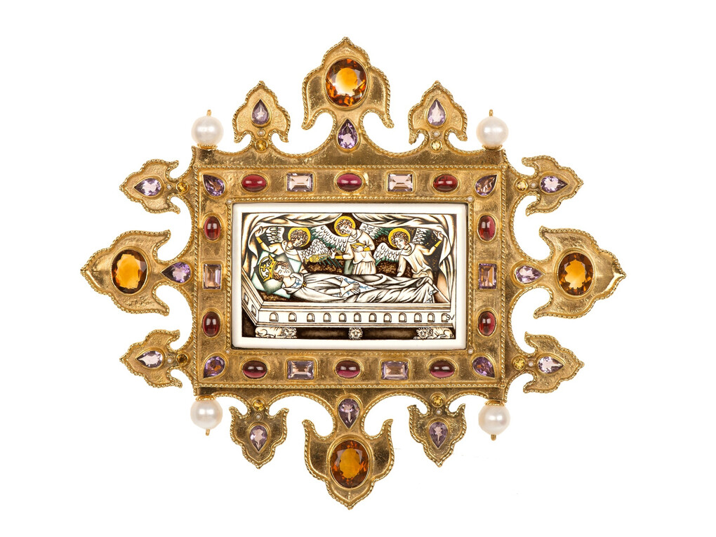 Diego Percossi Papi, Morte di arrigo, VII
24 agosto 1313, Ametiste, citrini madera, granati e perle, Miniatura in smalto a fuoco su metallo. Cornici in argento dorato con smalti cloisonné, pietre e perle
