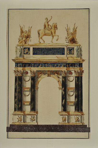 Valadier, Prospetto dell’Arco di Traiano ad Ancona (elemento per il centrotavola del Balí di Breteuil), penna, inchiostro, acquarello su carta