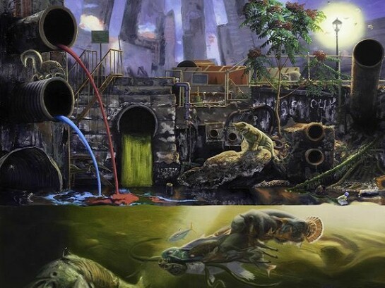 Alexis Rockman, Gowanus, 2013, oil on wood, 72 x 90 inches, Courtesy Sperone Westwater, New York
