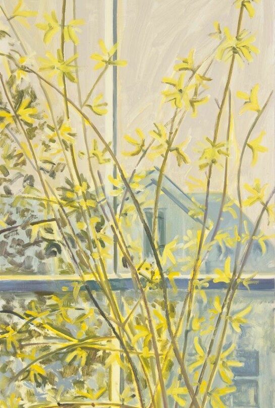 Lois Dodd, Forsythia in Window (detail), 2012, oil on panel, 18 3/4 x 11 inches © Lois Dodd, courtesy Alexandre Gallery, New York