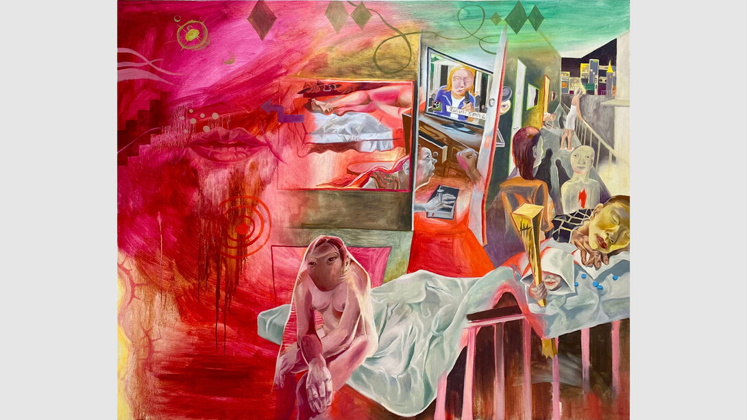 Rachel Zhang, To be kissed by a shallow death at a motel with endless rooms, 2023. Oil on canvas. 56 x 68 in | 142 x 172 cm. Courtesy of the artist and Fragment Gallery