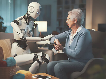 In the context of the article's discussion on the increasing prevalence of human-machine interactions, an elderly woman is depicted receiving attentive care from a robot companion adept at catering to her needs