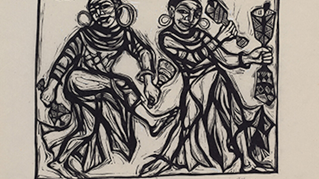 Ashley Bryan, American, born 1923, Rocking Jerusalem, 1974, Final illustration for Walk Together Children: Black American Spirituals (Atheneum Books, 1974), Linoleum cut on rice paper. The Eric Carle Museum of Picture Book Art, Amherst, Massachusetts. Gift of the artist. 