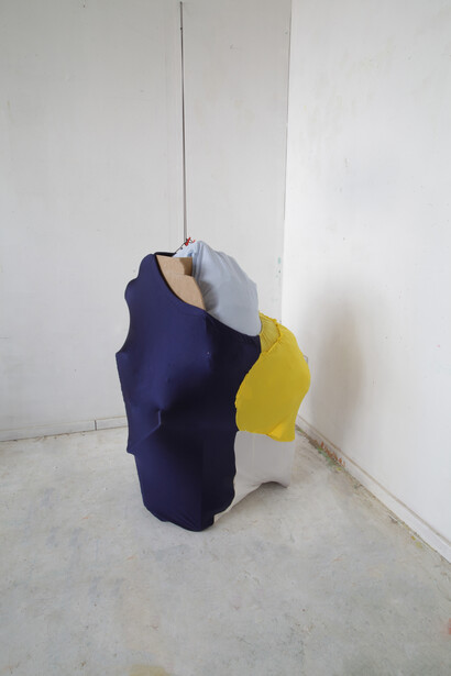 Ellen Hyllemose, Untitled, 2015, Lycra, MDF, and various stuffing, 100 x 90 x 80 cm, string variable