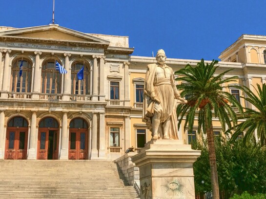 The Ermoupoli Town Hall in Miaouli Square, Syros, representing the elegance and grandeur of the island's historic civic architecture