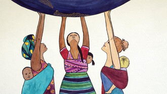 Women across cultures lift the weight of the world together — carrying care, responsibility, and hope for the next generation