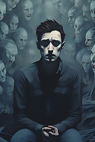An individual grappling with alienation amid the backdrop of societal, ecological, economic, and political uncertainties